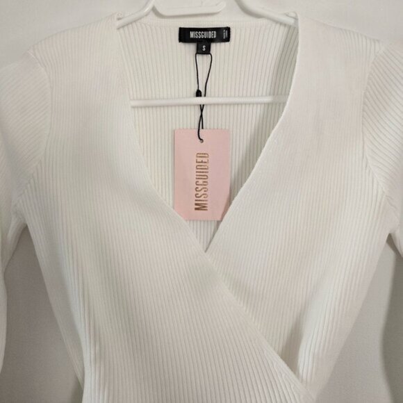 Missguided White Ribbed Wrap V neck Top Long Sleeve Size Small 26e - Picture 5 of 6